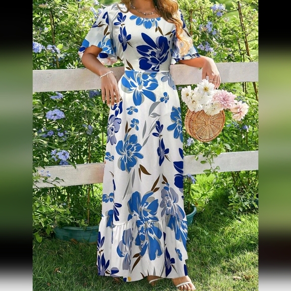 Ladies French Floral Print Ruffle Sleeve Round Neck Dress - Picture 1 of 6